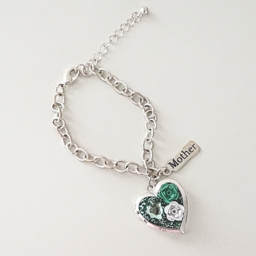 Silver Heart Locket Charm Bracelet with 3D & Crystal Accents, Gift to Mother💚